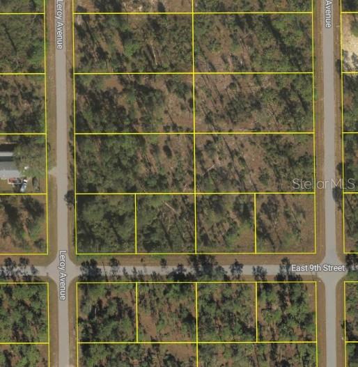 This is an aerial map showing several vacant, wooded residential lots near a paved intersection — 3703 E 9TH STREET, LEHIGH ACRES, FL