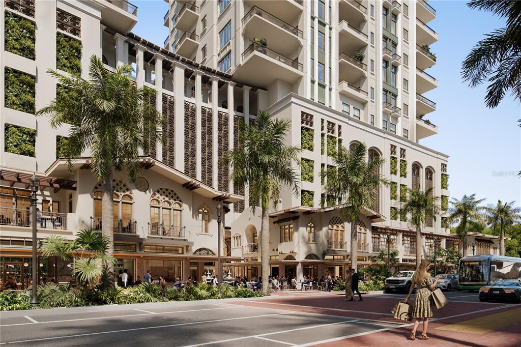 This architectural rendering shows a multi-story building with ground-level retail, outdoor seating, and palm trees — 65 S PALM AVENUE UNIT 702, SARASOTA, FL