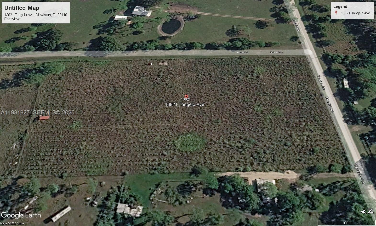 This is an aerial map view of a vacant, rectangular lot bordered by two roads — 13821 Tangelo, Clewiston FL 33440, CLEWISTON, FL