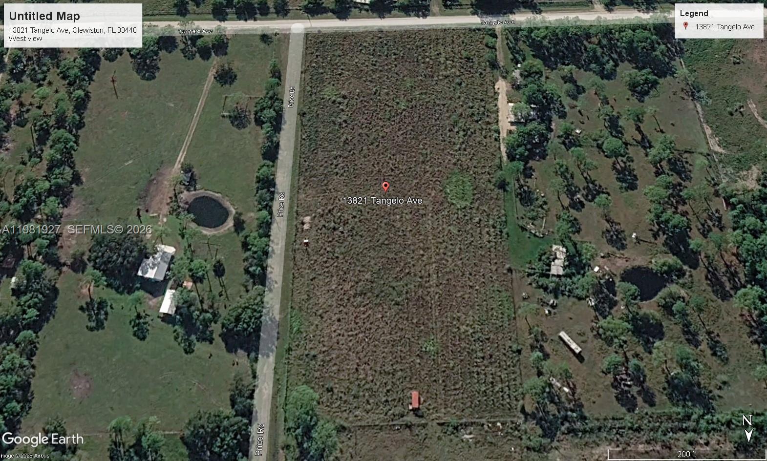 This is an aerial map view of a vacant, rectangular plot of land — 13821 Tangelo, Clewiston FL 33440, CLEWISTON, FL