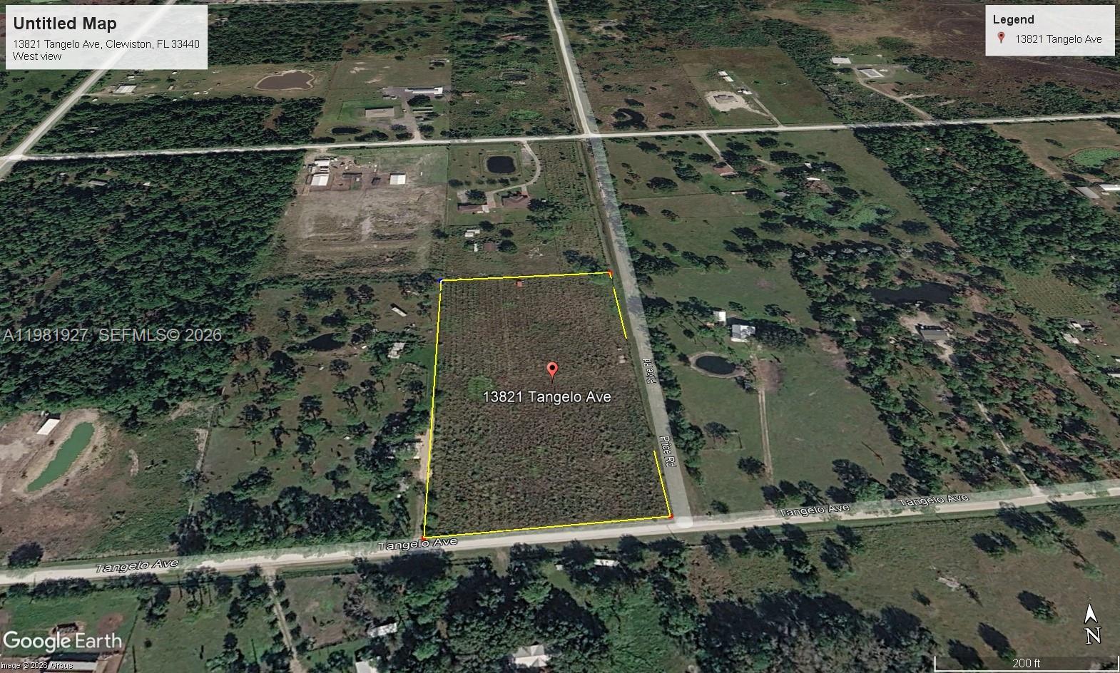 This is an aerial map view of a rectangular, undeveloped plot of land — 13821 Tangelo, Clewiston FL 33440, CLEWISTON, FL