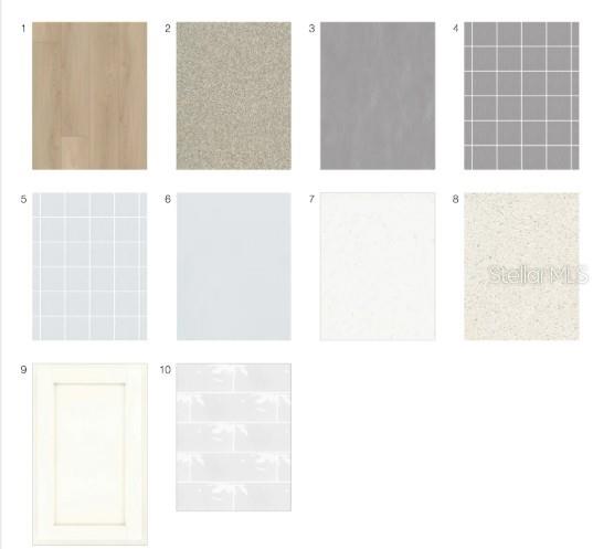 This image is a digital rendering showing ten samples of interior finishes, including flooring, tile, and cabinetry — 14513 DERNA TERRACE, BRADENTON, FL