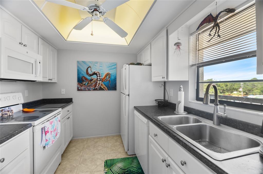 A kitchen features white cabinets, dark countertops, a double sink, and an octopus wall painting — 9860 62ND TERRACE N UNIT 1047, ST PETERSBURG, FL