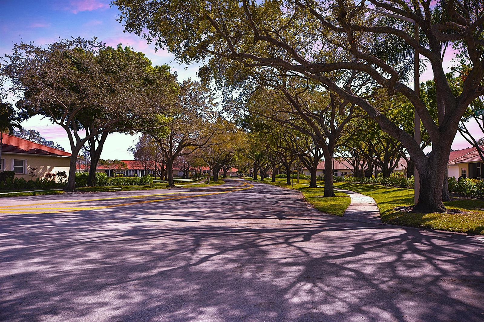 A paved residential street lined with mature trees and single-story houses under a blue sky — 2406 Aspen Way # 2406, Boynton Beach FL 33436, BOYNTON BEACH, FL