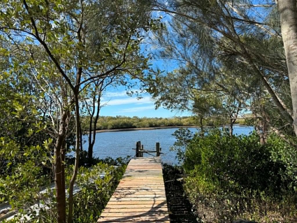 A wooden dock extends through mangroves toward a calm body of water under a blue sky — 1348 S ESTUARY DRIVE, CRYSTAL RIVER, FL