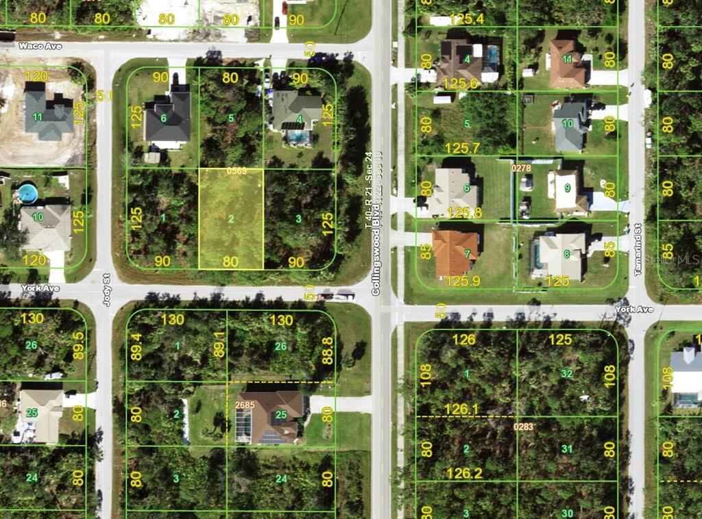 This is an aerial map showing residential lots and street layouts in a neighborhood — 17516 YORK AVENUE, PORT CHARLOTTE, FL