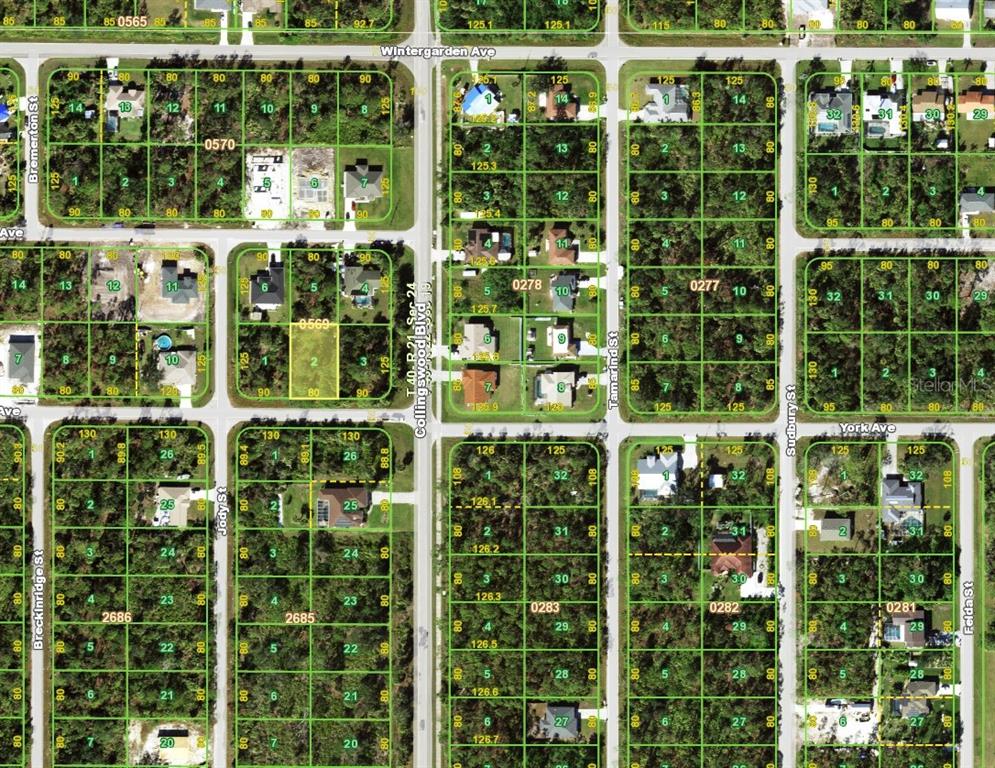 This is a satellite map view of a residential neighborhood with platted land parcels — 17516 YORK AVENUE, PORT CHARLOTTE, FL