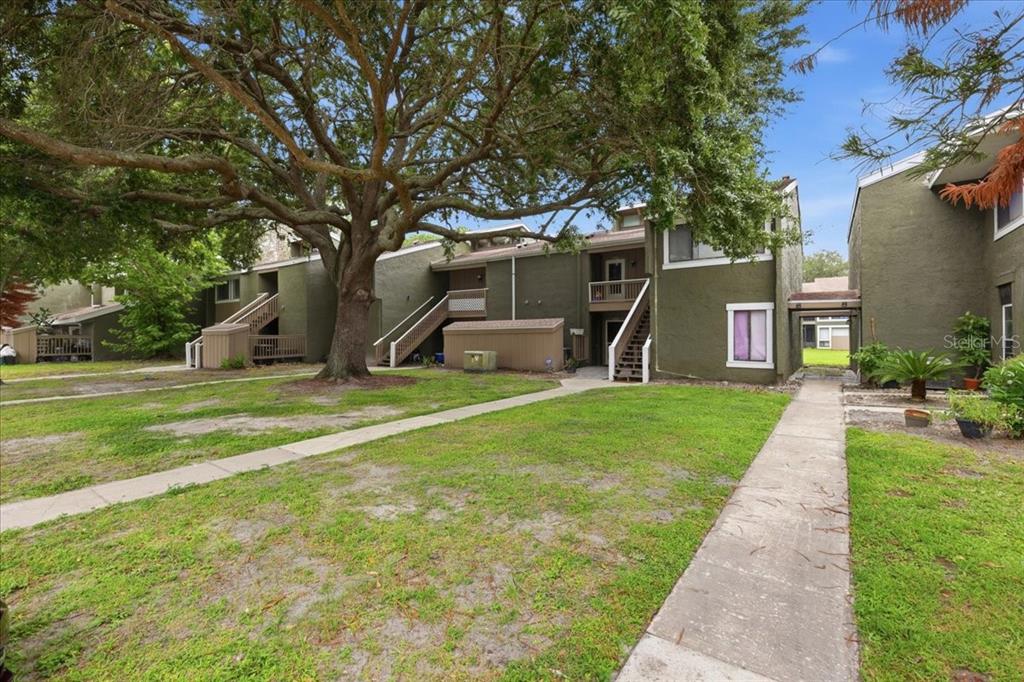 An exterior view of a multi-story apartment building with a large tree and walkways — 6074 PEREGRINE AVENUE UNIT B02, ORLANDO, FL
