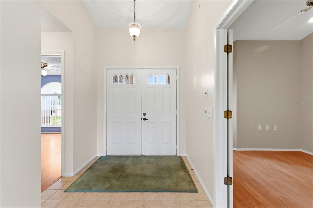 An entryway features a double front door, tile flooring, a green rug, and a pendant light — 9851 KINGSPORT AVENUE, NEW PORT RICHEY, FL