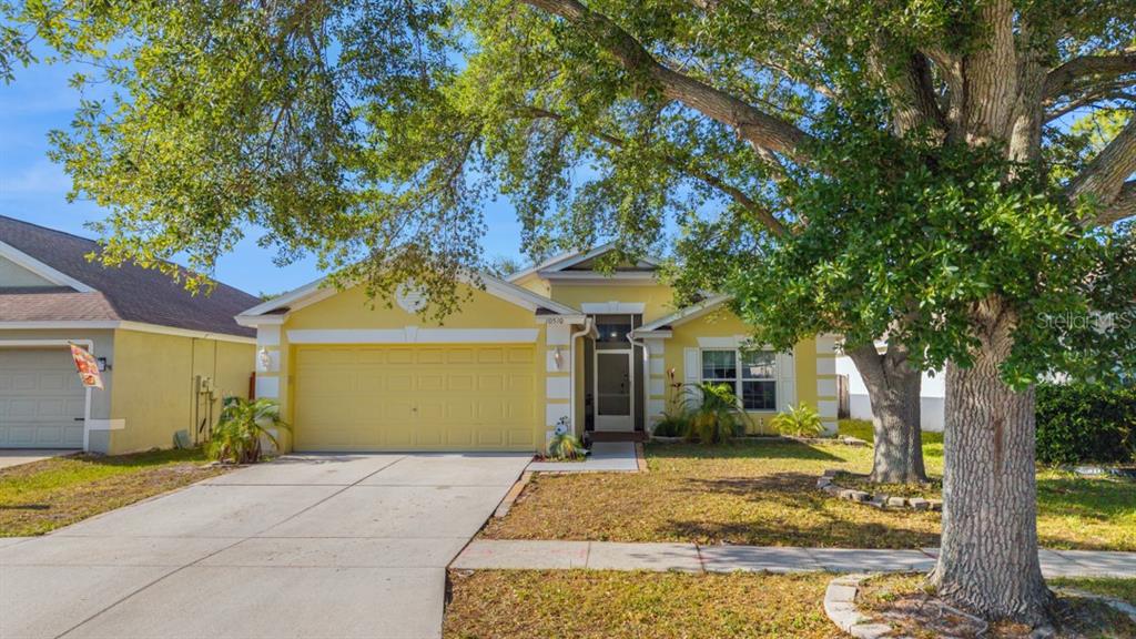 A yellow single-story house with a two-car garage and a large tree in the yard — 10510 EGRET HAVEN LANE, RIVERVIEW, FL