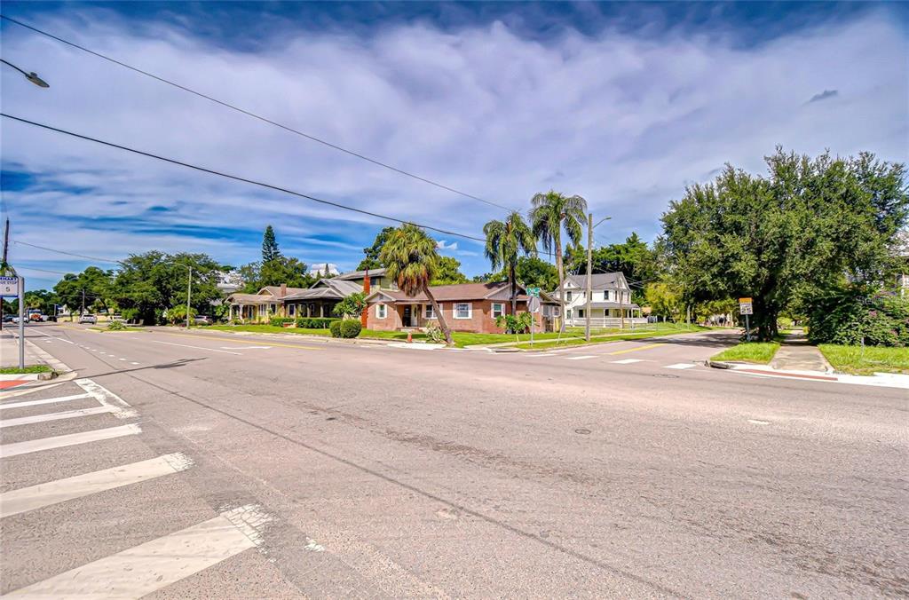 A street corner view shows a brick house, palm trees, and a white house nearby — 408 E PALM AVENUE, TAMPA, FL