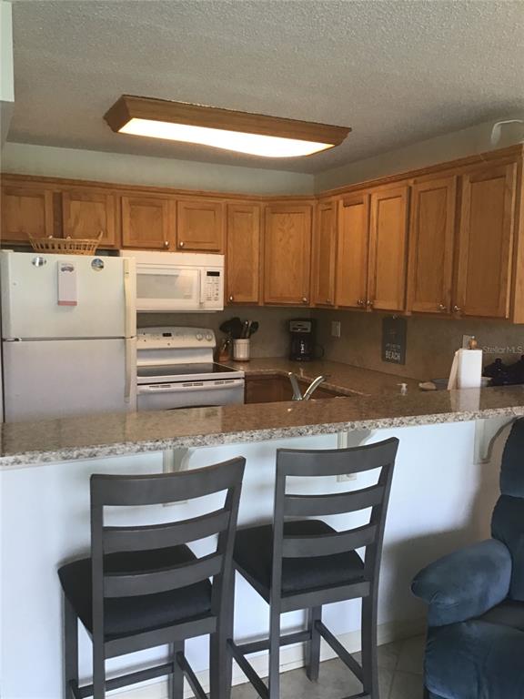 A kitchen features wood cabinets, white appliances, and a granite-topped breakfast bar with two chairs — 1433 N ATLANTIC AVENUE UNIT 223, DAYTONA BEACH, FL