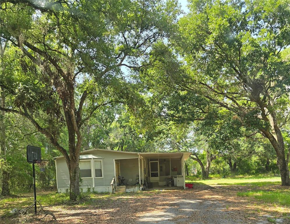 A single-story mobile home sits on a wooded lot with a basketball hoop in front — 38625 COUNTY LINE ROAD, ZEPHYRHILLS, FL