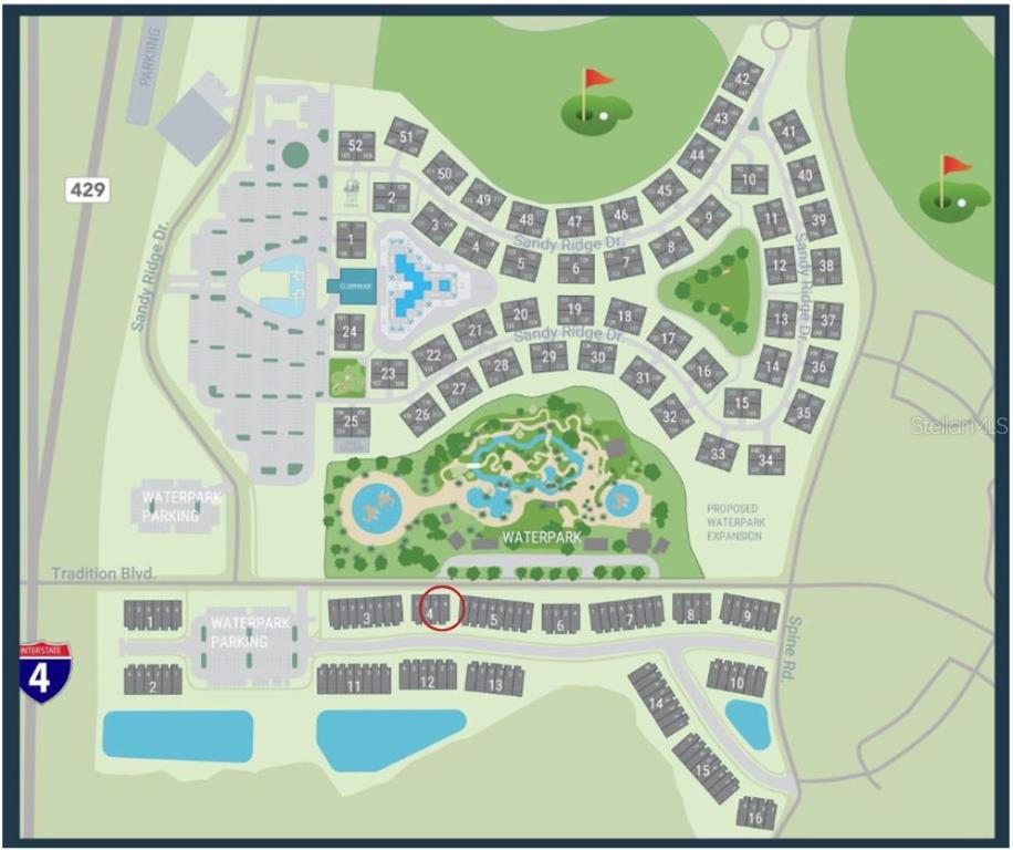 This is a site map showing the layout of a residential community with a waterpark — 7833 SPECTRUM DRIVE, KISSIMMEE, FL