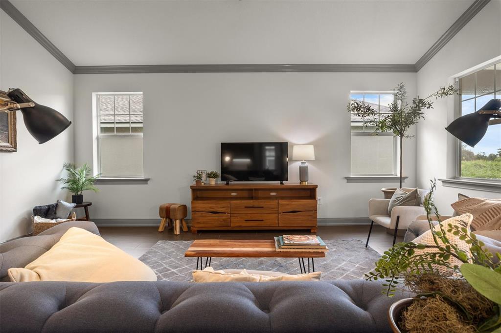 A living room features a wooden media console, a gray sofa, and two windows — 7911 LAKE JAMES BOULEVARD, LAKELAND, FL