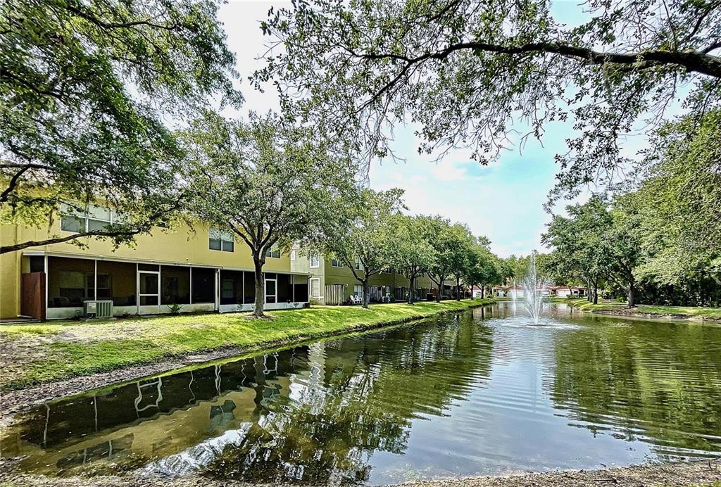 A pond with a fountain sits in front of a multi-story apartment building — 11013 BLAINE TOP PLACE, TAMPA, FL