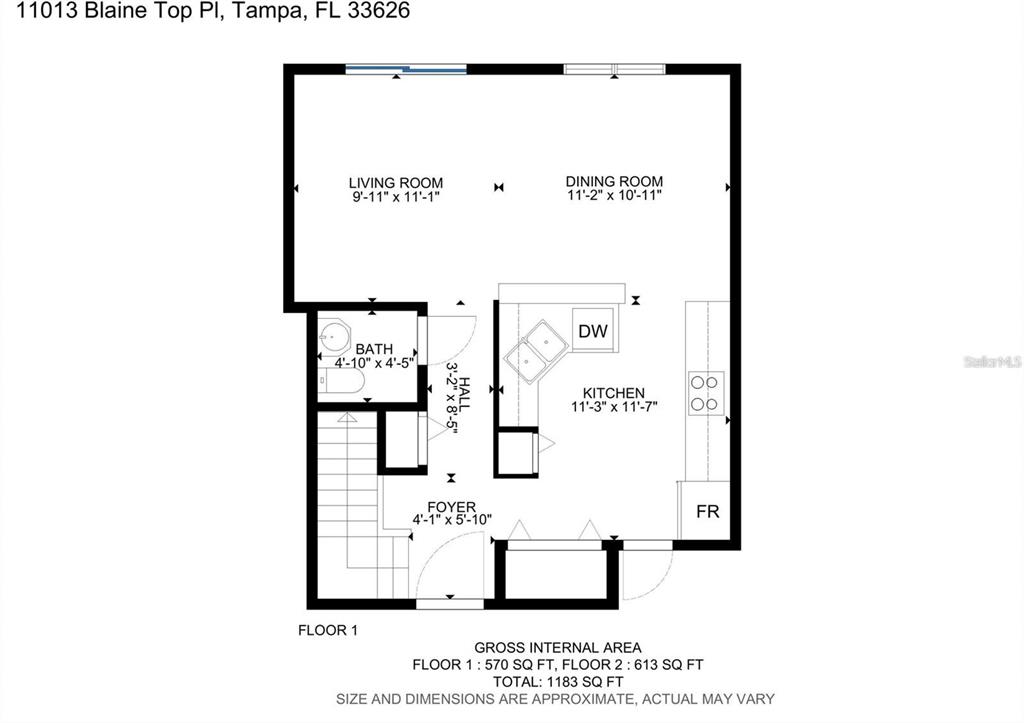 This is a floor plan for the first level of a residential property — 11013 BLAINE TOP PLACE, TAMPA, FL