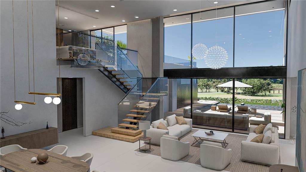 This architectural rendering shows a modern, two-story living room with a glass staircase and patio — 10 THE MEADOWS ESTATES, GUAYNABO, PR