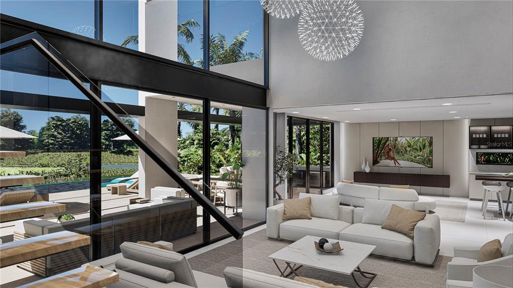 This rendering shows a modern, open-concept living room with floor-to-ceiling windows and a floating staircase — 10 THE MEADOWS ESTATES, GUAYNABO, PR