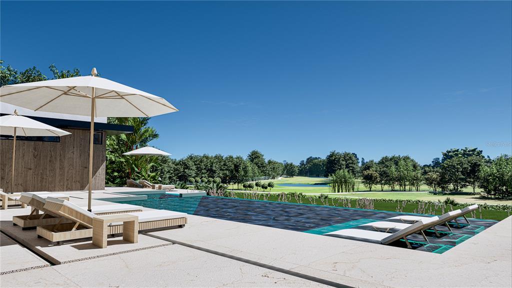 This is a rendering of a modern patio with a swimming pool overlooking a golf course — 10 THE MEADOWS ESTATES, GUAYNABO, PR