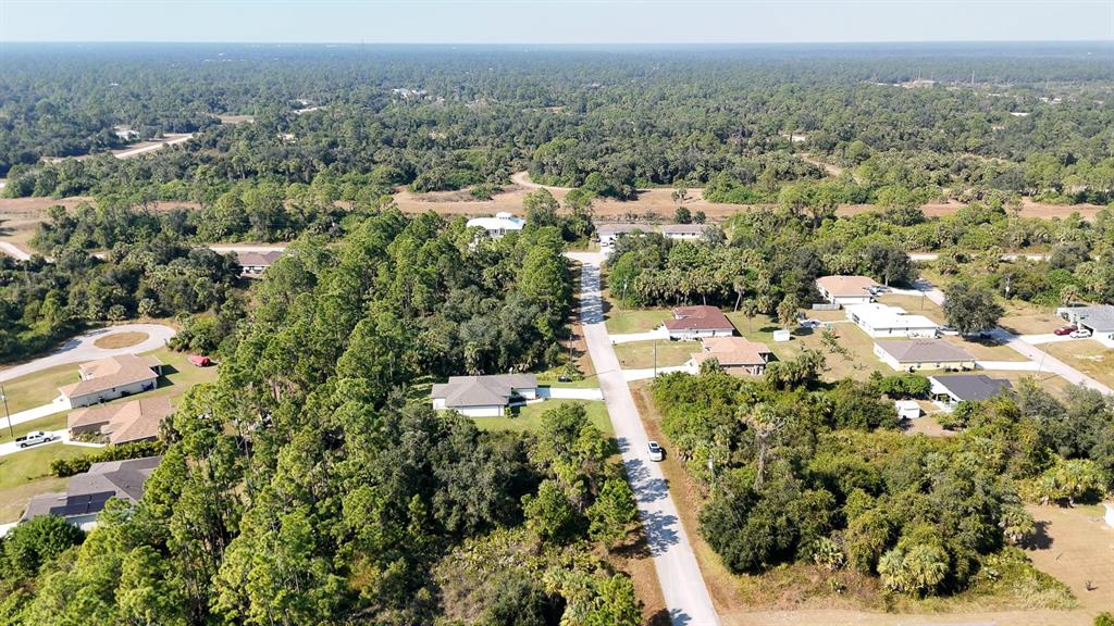 An aerial view shows several houses situated along a paved road surrounded by dense woods — FILBERT STREET, NORTH PORT, FL