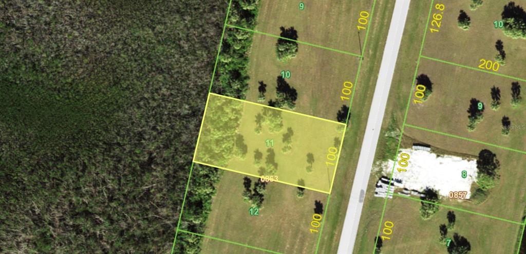 This is a map showing a rectangular parcel of land highlighted in yellow — 16811 SAN EDMUNDO ROAD, PUNTA GORDA, FL