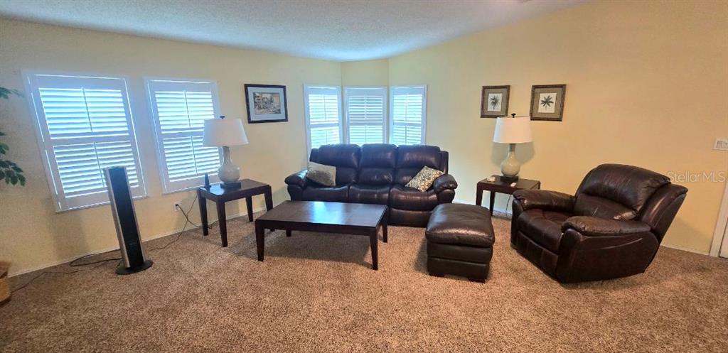A living room features a dark leather sofa, matching armchair, ottoman, and beige carpeting — 31 REVERE WAY UNIT 23, PALM HARBOR, FL