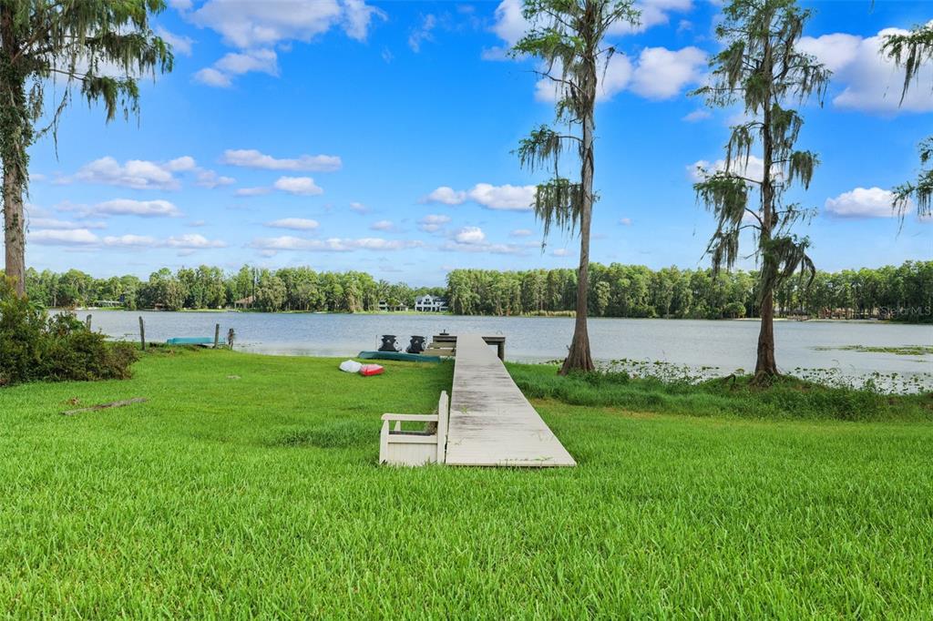 A wooden dock extends into a lake from a grassy lawn with tall cypress trees — 5167 LAKECASTLE DRIVE, TAMPA, FL