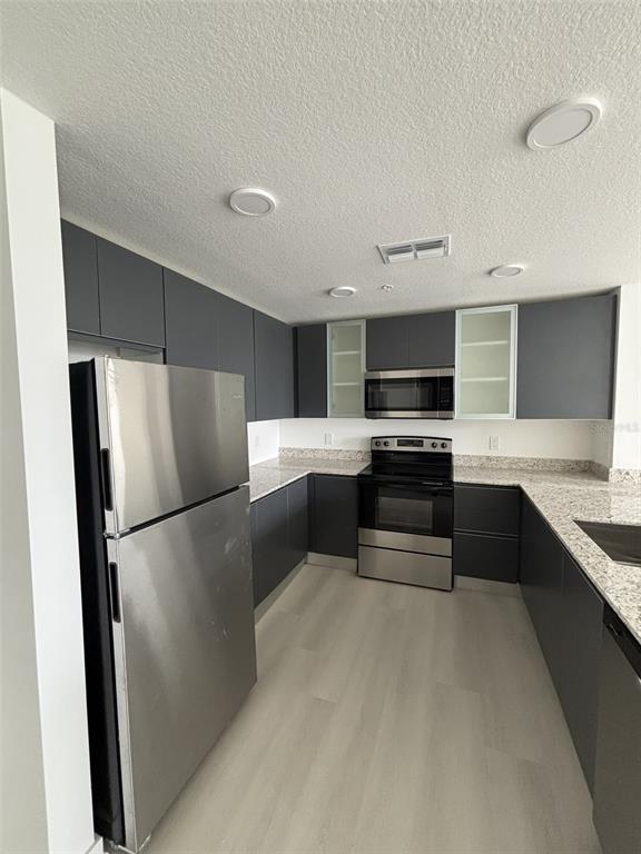 A modern kitchen features dark gray flat-panel cabinets, stainless steel appliances, and speckled granite countertops — 5579 MILLENIA PARK UNIT 409, ORLANDO, FL