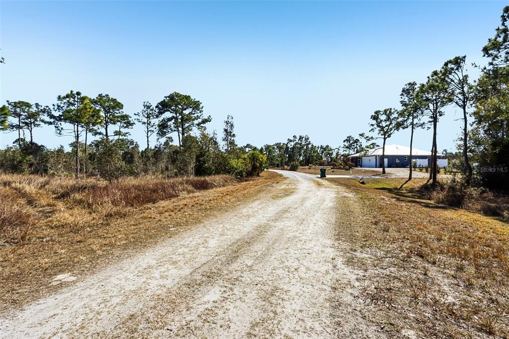 A dirt road leads past a grassy field toward a house surrounded by pine trees — 13592 CAROUSEL DRIVE, PUNTA GORDA, FL