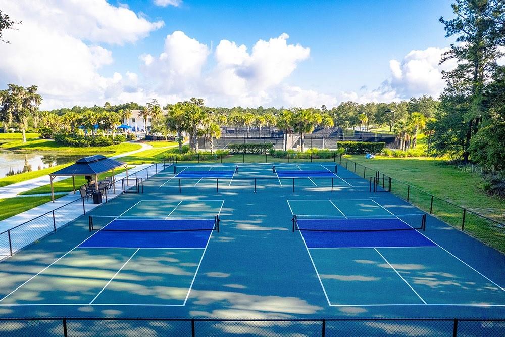 An elevated view of outdoor pickleball courts with a nearby gazebo and pond — 6156 DUSK ROSE LANE, BROOKSVILLE, FL