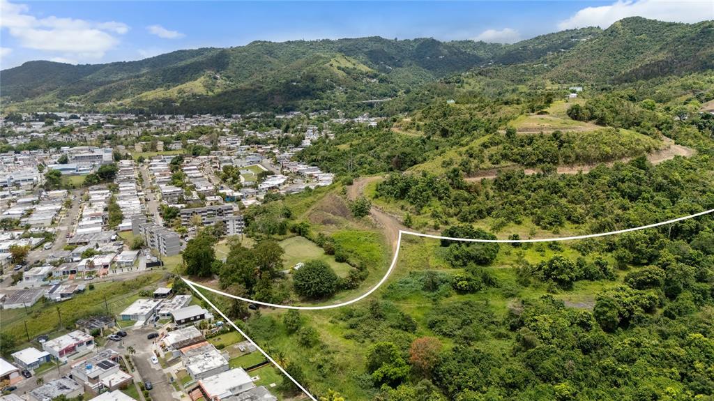 An aerial view shows a residential neighborhood bordering a large, undeveloped hillside lot — 442 URB. VALLE ALTO AVENUE, CAYEY, PR