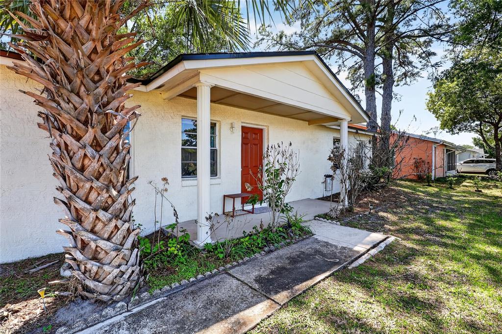 A single-story house with a white stucco exterior, a red front door, and a palm tree — 312 LA PAZ DRIVE, KISSIMMEE, FL
