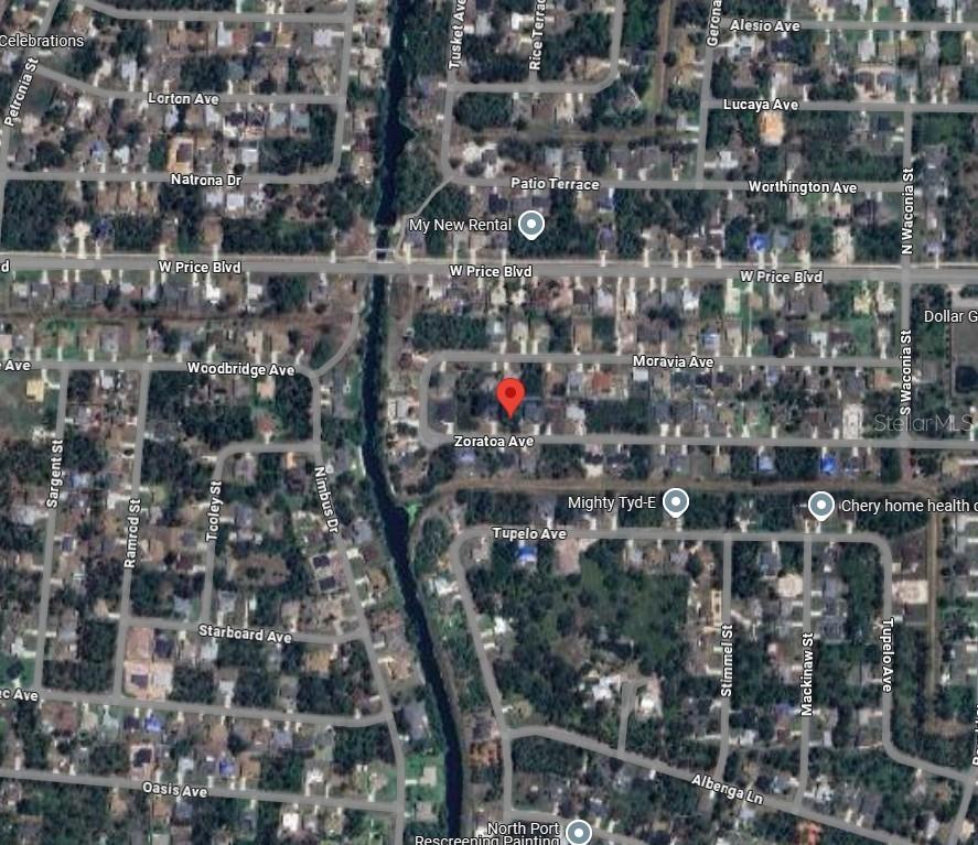 This is a satellite map view showing residential streets and a property location in North Port — Lot 16 ZORATOA AVENUE, NORTH PORT, FL