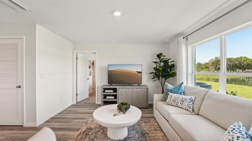 A living room features a white sofa, a round coffee table, and a television console — 1118 WILD CLOVER WAY, PLANT CITY, FL