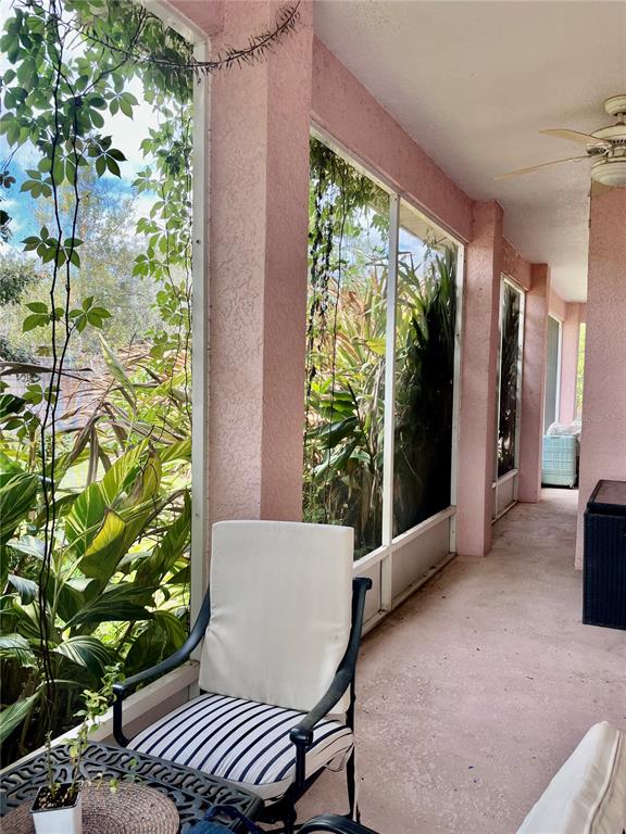 A screened-in porch with pink stucco walls, a ceiling fan, and views of lush greenery — 21007 LOS CABOS COURT, LAND O LAKES, FL