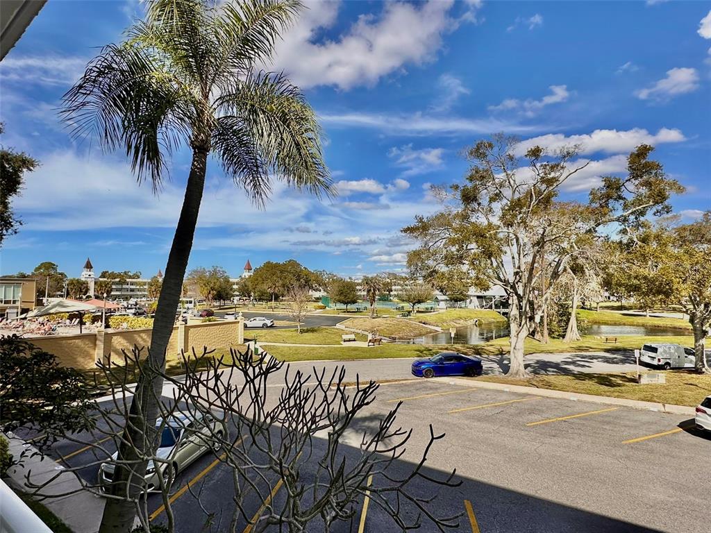 An elevated view of a parking lot, palm tree, and pond under a blue sky — 2431 CANADIAN WAY UNIT 37, CLEARWATER, FL