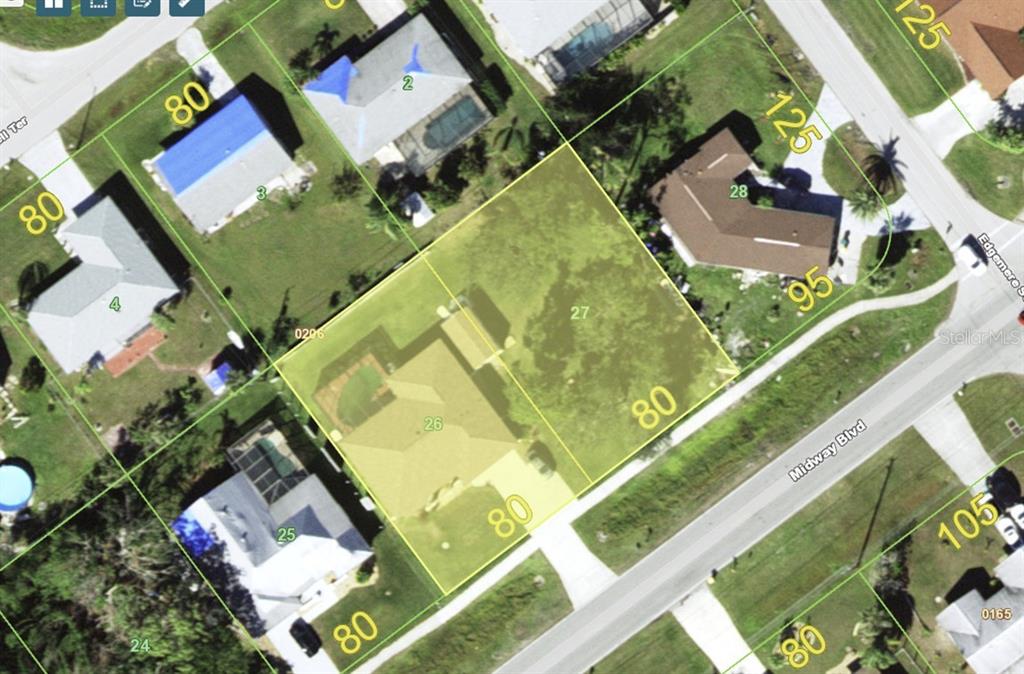 This is an aerial map showing property lot lines and parcel boundaries for a residential area — 19842 MIDWAY BLVD, PORT CHARLOTTE, FL