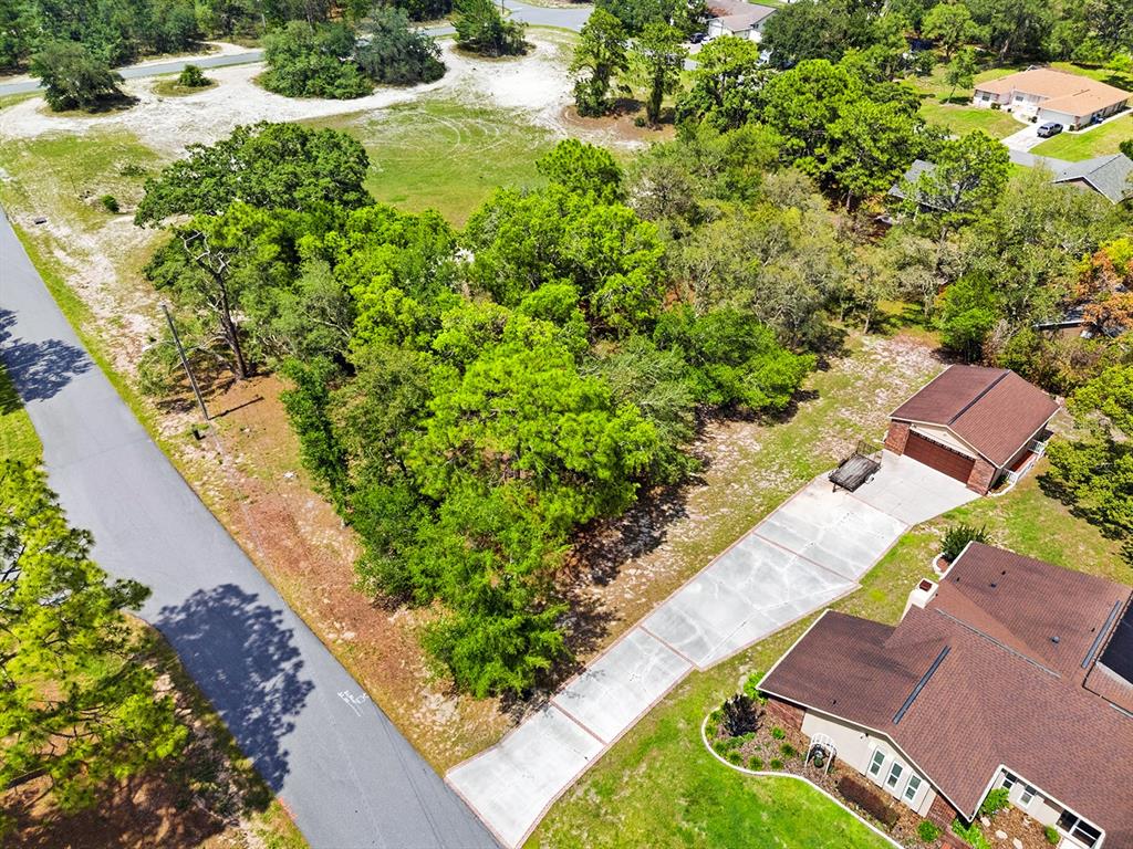 An aerial view shows a residential property with a house, detached garage, and wooded lot — 1228 STATEN AVENUE, SPRING HILL, FL