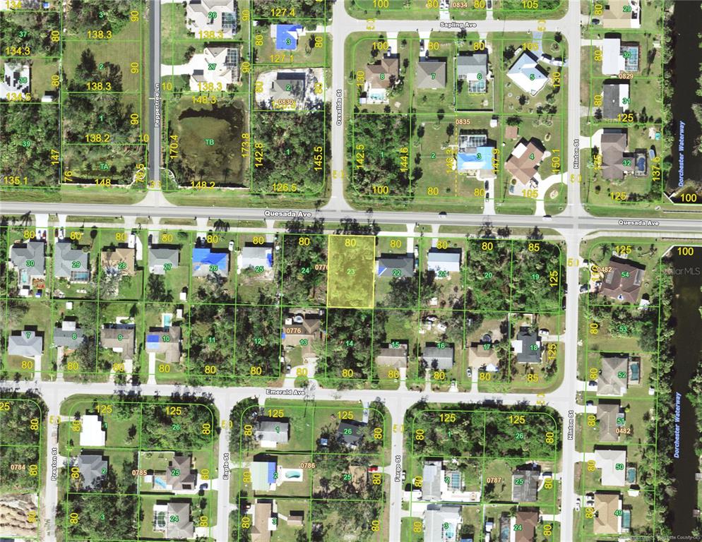 This is an aerial map showing residential lots and streets in a suburban neighborhood — 20417 QUESADA AVENUE, PORT CHARLOTTE, FL