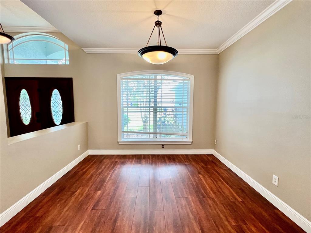 A dining room with wood-look flooring, a central pendant light, and a large arched window — 2848 DUNCAN TREE CIRCLE, VALRICO, FL