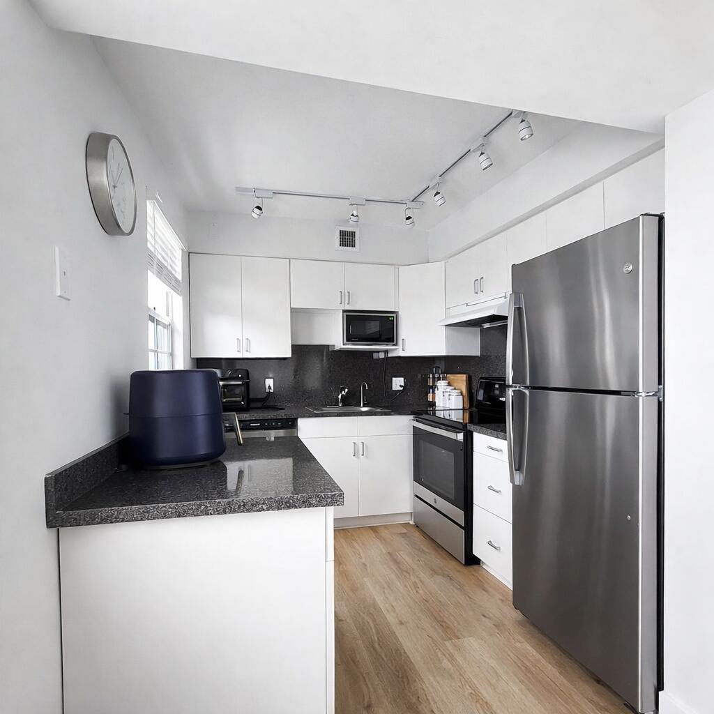 A kitchen with white cabinets, stainless steel appliances, dark countertops, and light wood flooring — 124 Oakridge I # 124, Deerfield Beach FL 33442, DEERFIELD BEACH, FL
