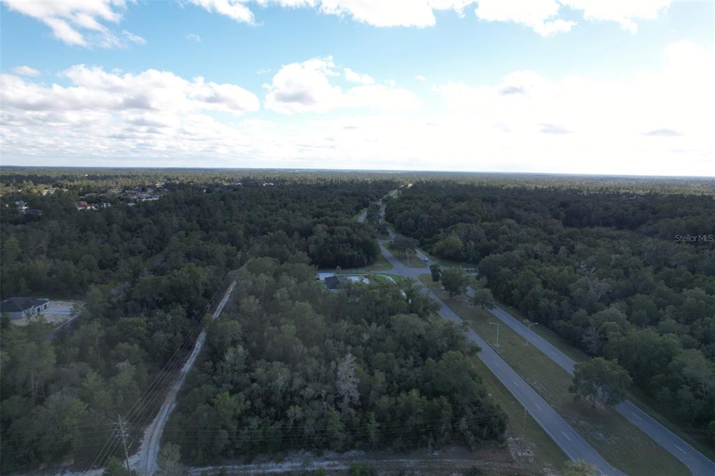 An aerial view shows a wooded lot adjacent to a road and residential area — MARION OAKS BOULEVARD, OCALA, FL