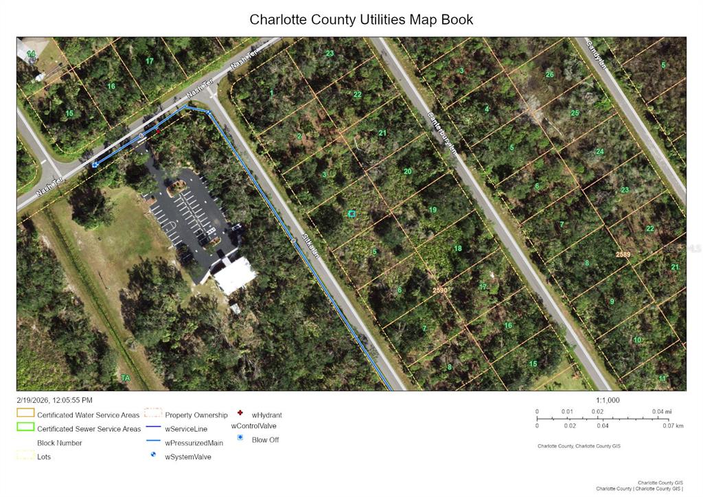 This is a utility map showing property lines, roads, and water infrastructure in Charlotte County — 1482 SITKA LANE, PORT CHARLOTTE, FL