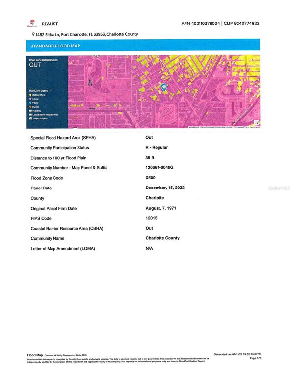 This is a standard flood map report for a property in Charlotte County, Florida — 1482 SITKA LANE, PORT CHARLOTTE, FL