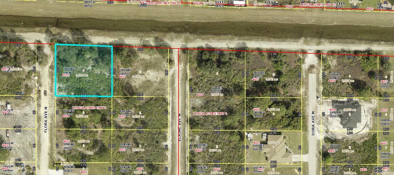This is a satellite map showing residential land parcels and street layouts in a rural area — 4606 Flora Avenue N, Lehigh Acres FL 33971, LEHIGH ACRES, FL
