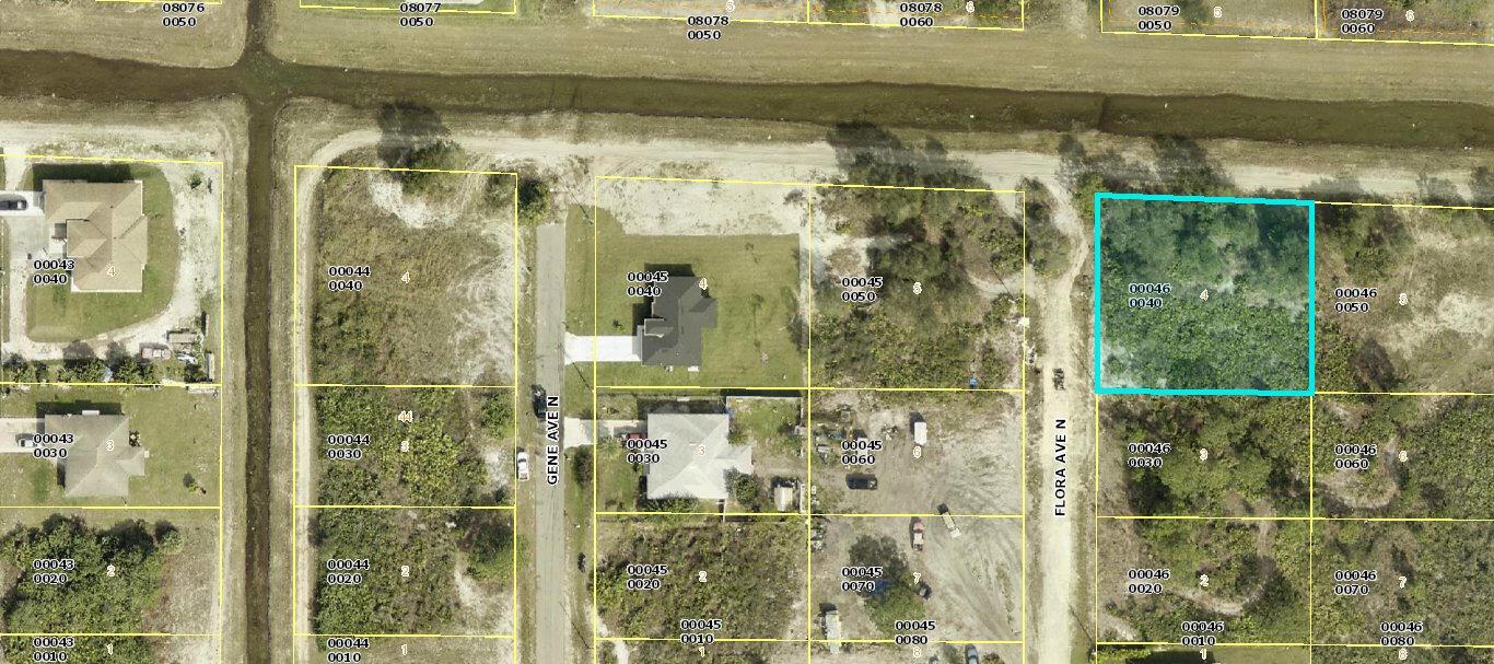 This is an aerial map showing residential lots, streets, and a highlighted vacant property — 4606 Flora Avenue N, Lehigh Acres FL 33971, LEHIGH ACRES, FL