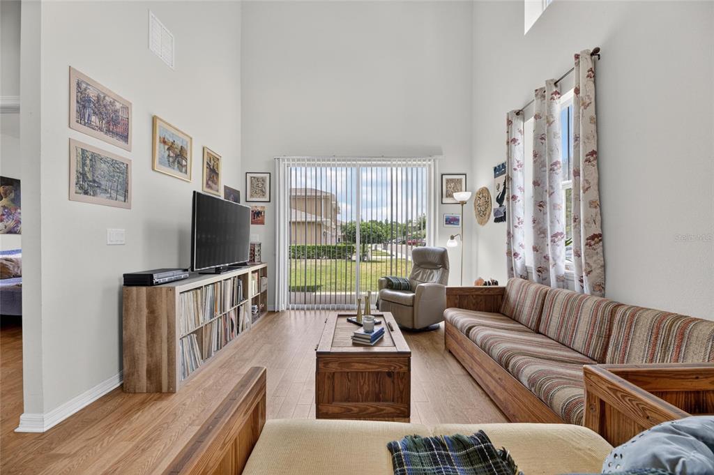 A living room with high ceilings, wood-look flooring, a television console, and a striped sofa — 2130 BROADWAY VIEW AVENUE, BRANDON, FL