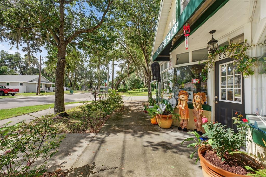 A sidewalk leads to the entrance of a flower shop with scarecrow decorations outside — 237 E PLYMOUTH AVENUE, DELAND, FL