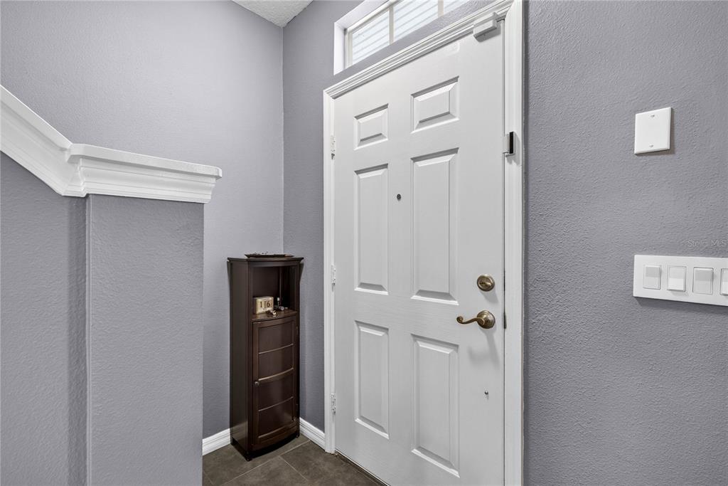 A white front door with a transom window sits in a gray-walled entryway — 12315 COUNTRY WHITE CIRCLE, TAMPA, FL